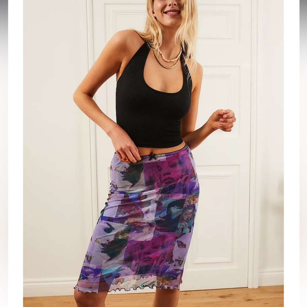 UO Faces Print Mesh Midi Skirt